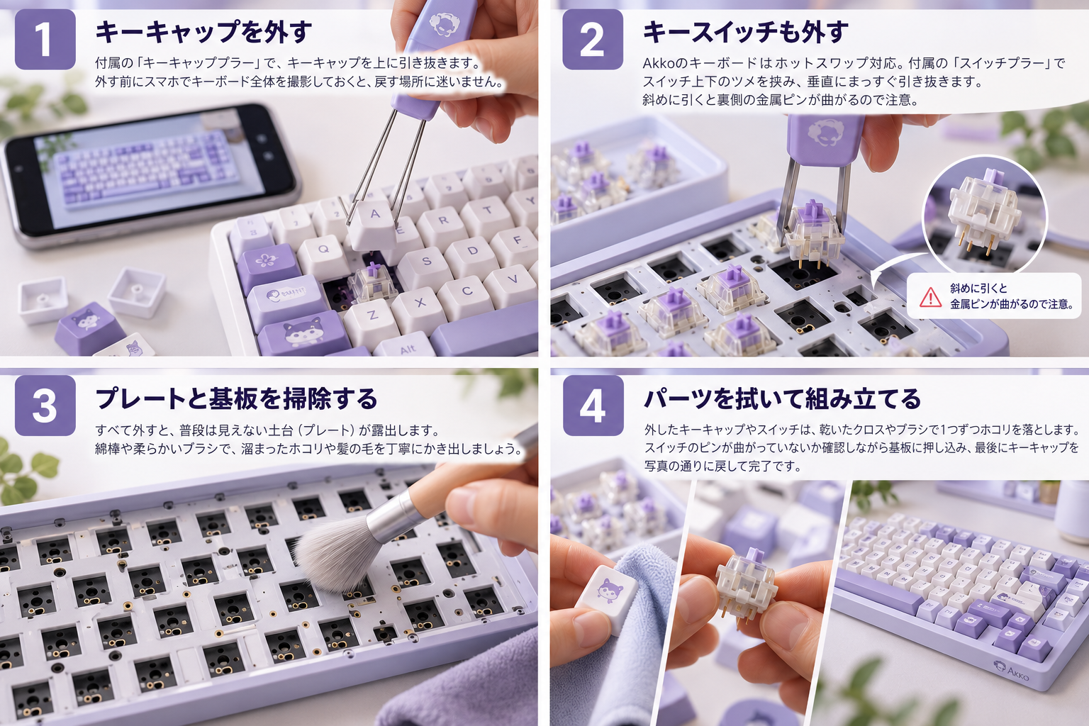 本格的なお掃除の4ステップ：1 キーキャップを外す、2 キースイッチも外す、3 プレートと基板を掃除する、4 パーツを拭いて組み立てる